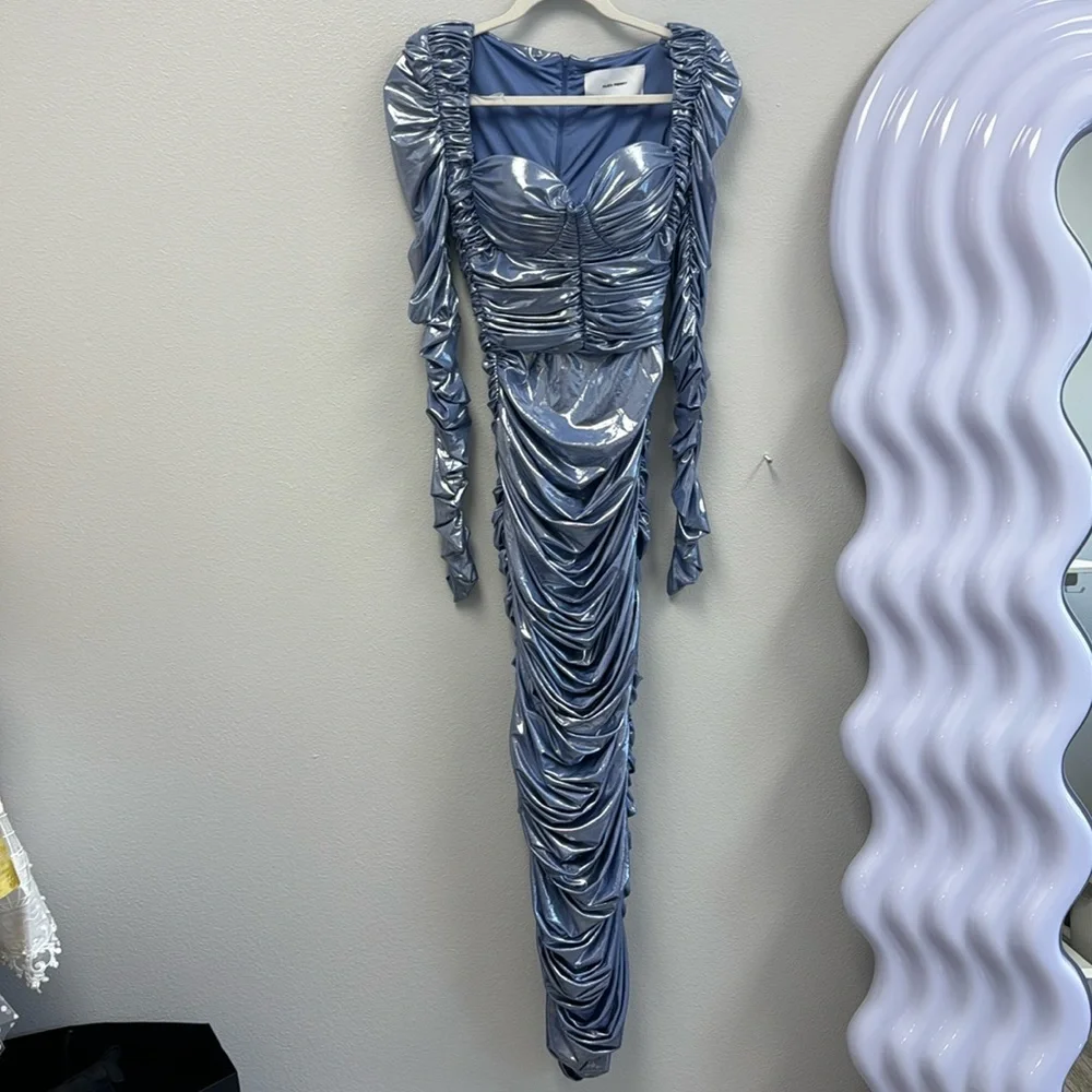 Long Sleeve Ruched Metallic Dress - Picture 5 of 12